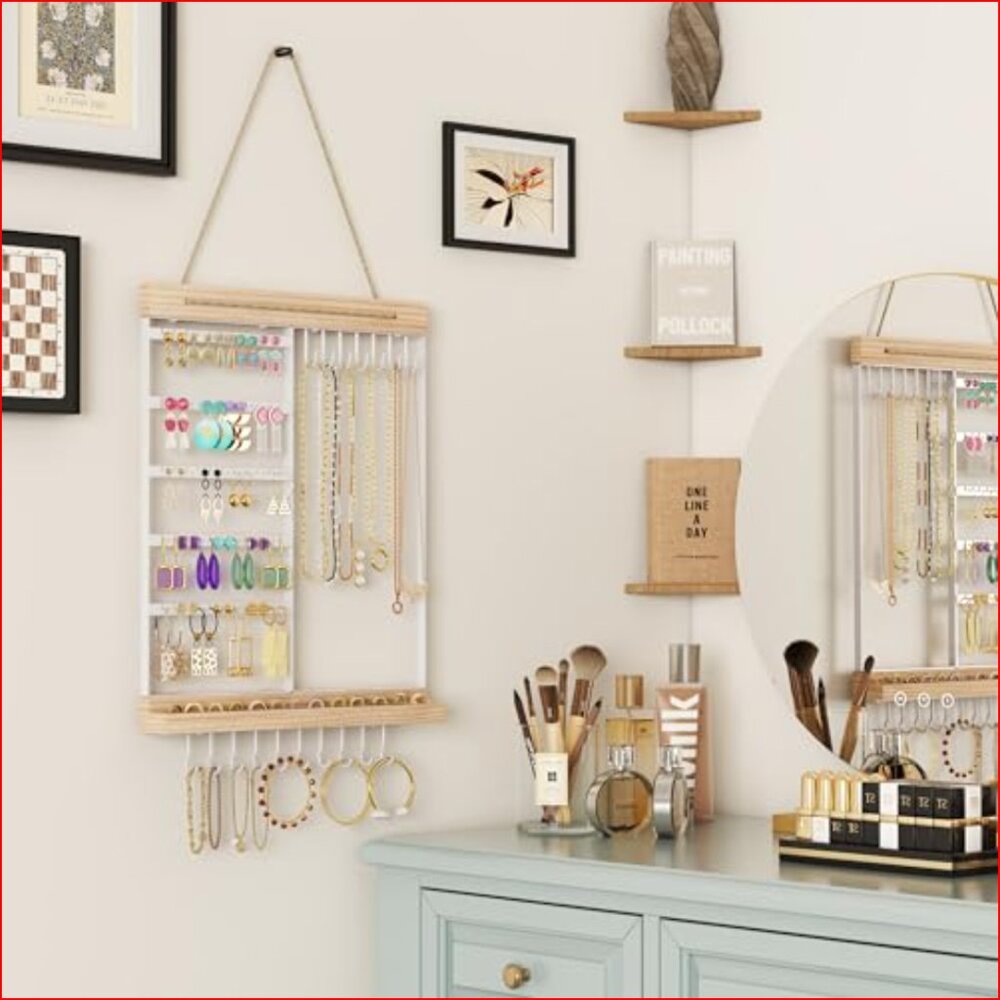 5-Tier Hanging Jewelry Organizer with Wall Mount, White Metal and Wood - Picture 2 of 7